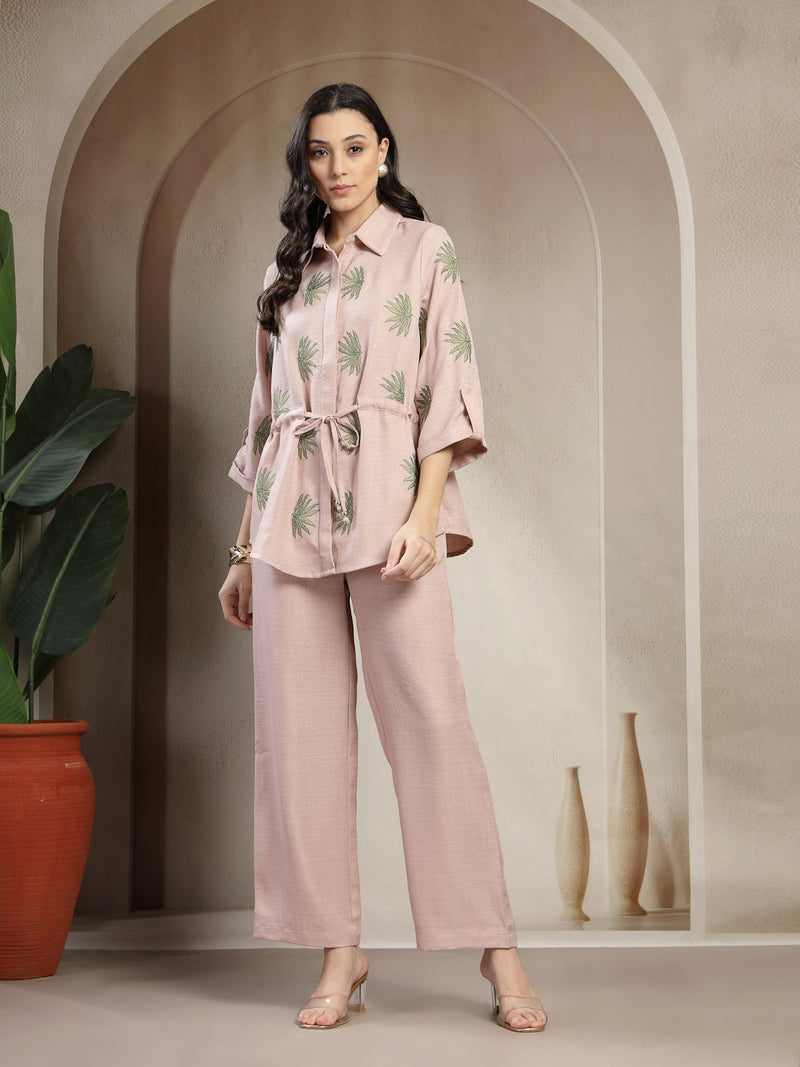 Gipsy Beige Embroidered Co-ord Set with Drawstring Waist