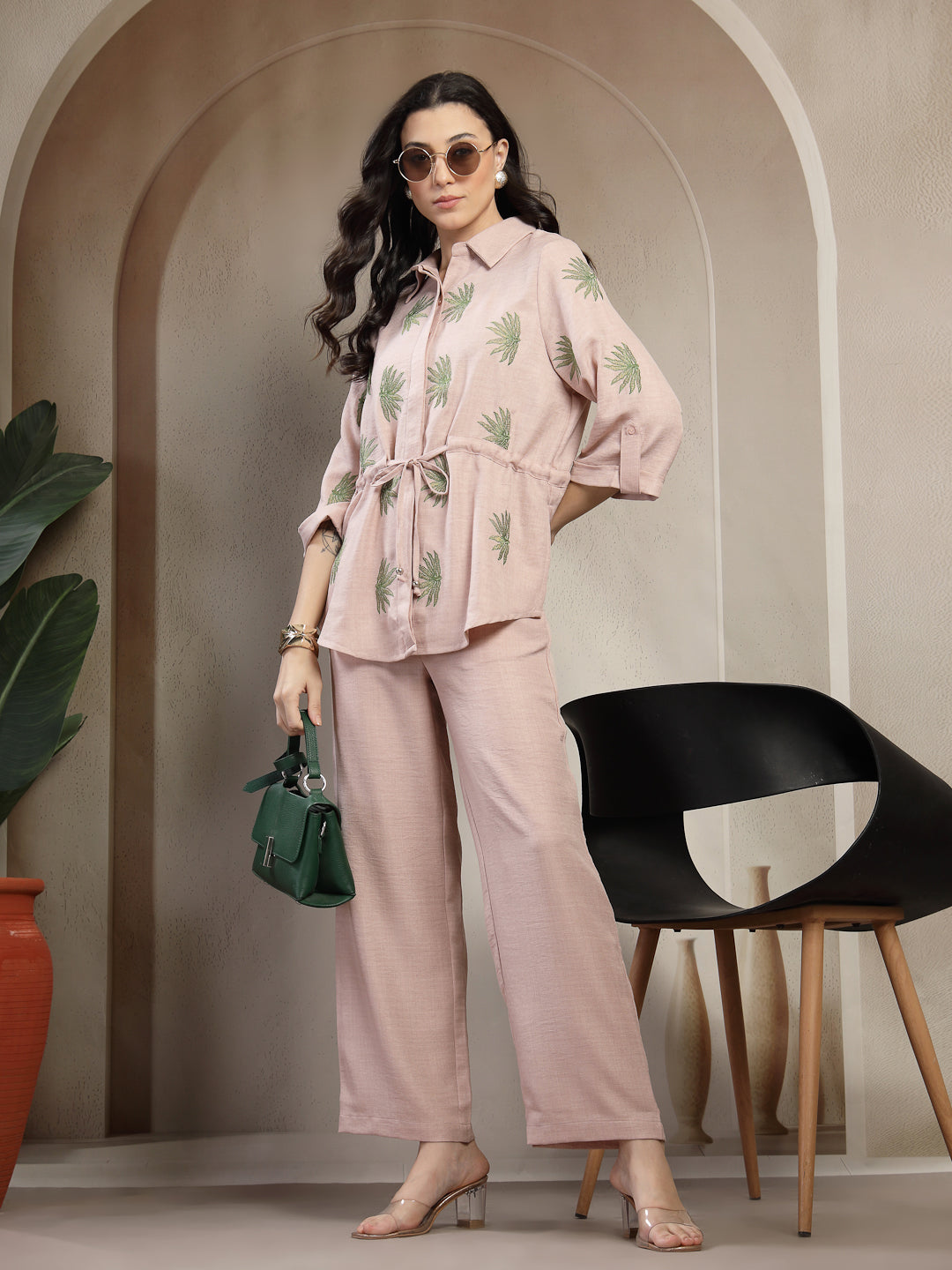 Gipsy Beige Embroidered Co-ord Set with Drawstring Waist