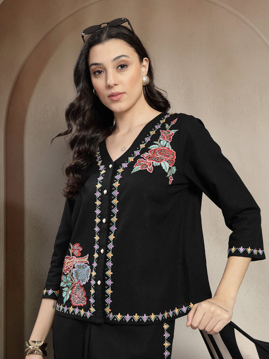 Gipsy Black Co-ord Set with Colourful Asymmetrical Embroidery and Pearl Button Detailing