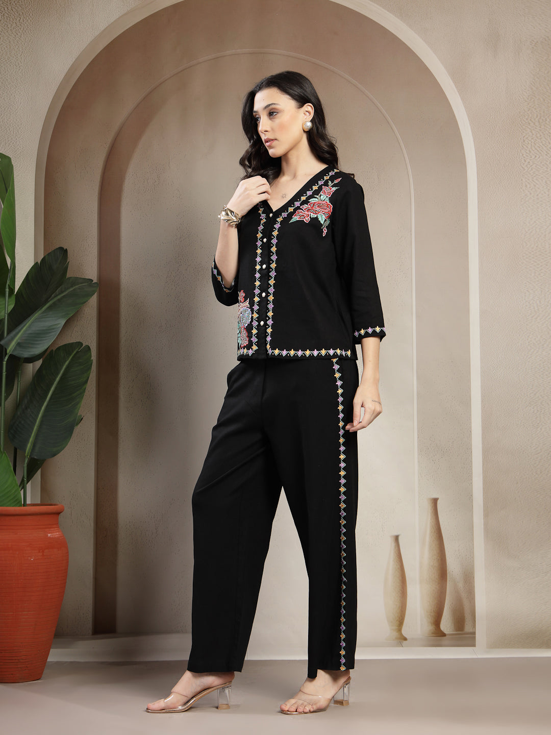 Gipsy Black Co-ord Set with Colourful Asymmetrical Embroidery and Pearl Button Detailing