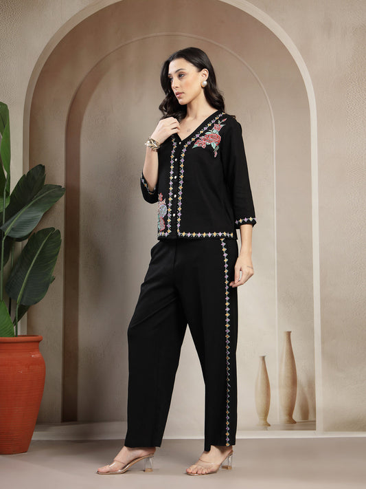 Gipsy Black Co-ord Set with Colourful Asymmetrical Embroidery and Pearl Button Detailing