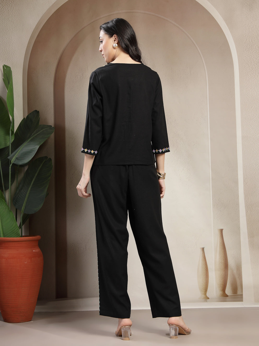 Gipsy Black Co-ord Set with Colourful Asymmetrical Embroidery and Pearl Button Detailing