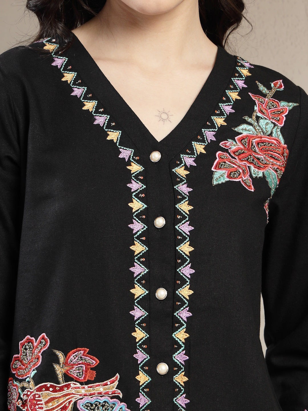 Gipsy Black Co-ord Set with Colourful Asymmetrical Embroidery and Pearl Button Detailing