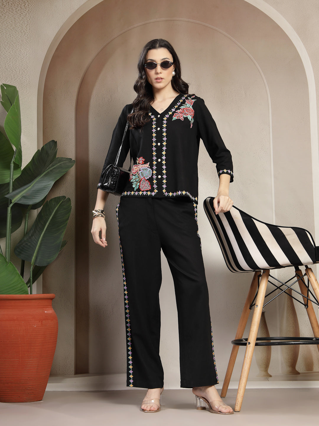 Gipsy Black Co-ord Set with Colourful Asymmetrical Embroidery and Pearl Button Detailing