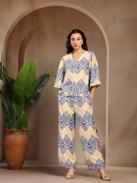 Gipsy Cobalt Blue Printed Rayon Cord Set