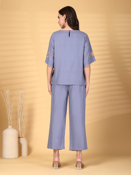 Gipsy Blue Embroidery Cotton Top With Pant Set