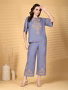 Gipsy Blue Embroidery Cotton Top With Pant Set