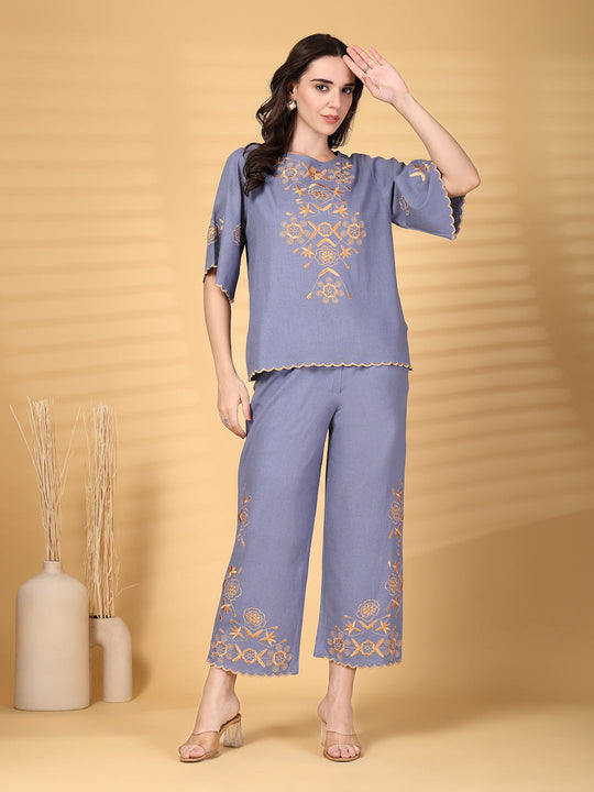 Gipsy Blue Embroidered Cotton Top With Pant Set