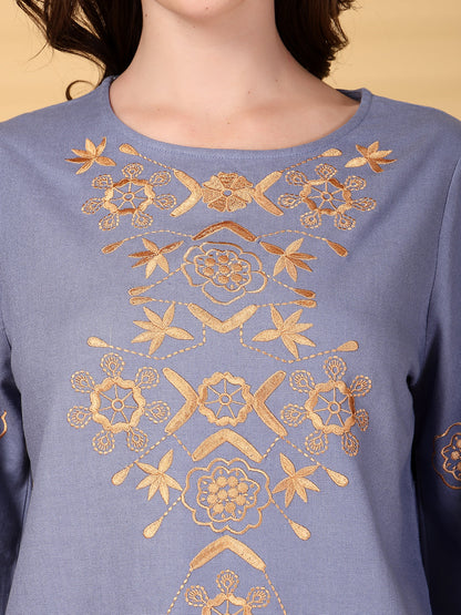 Gipsy Blue Embroidery Cotton Top With Pant Set