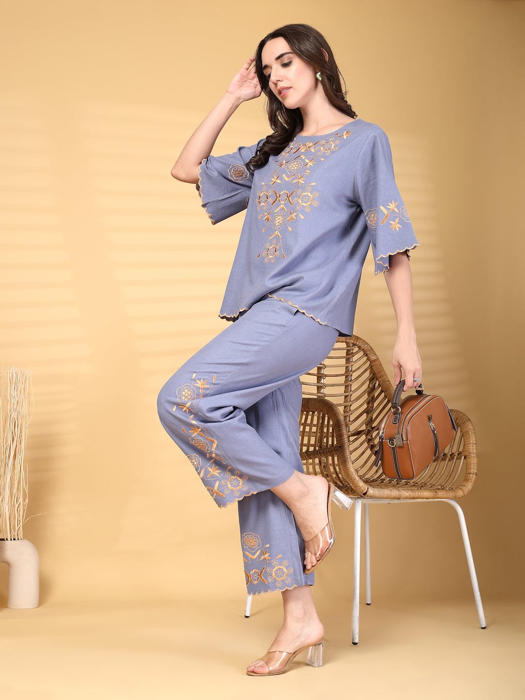 Gipsy Blue Embroidery Cotton Top With Pant Set