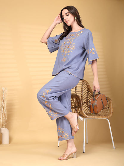 Gipsy Blue Embroidery Cotton Top With Pant Set