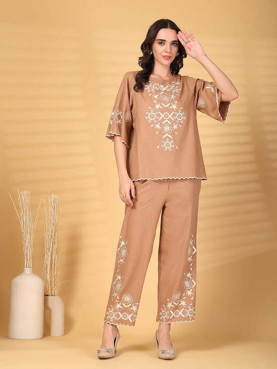 Gipsy Khaki Embroidered Cotton Top With Pant Set