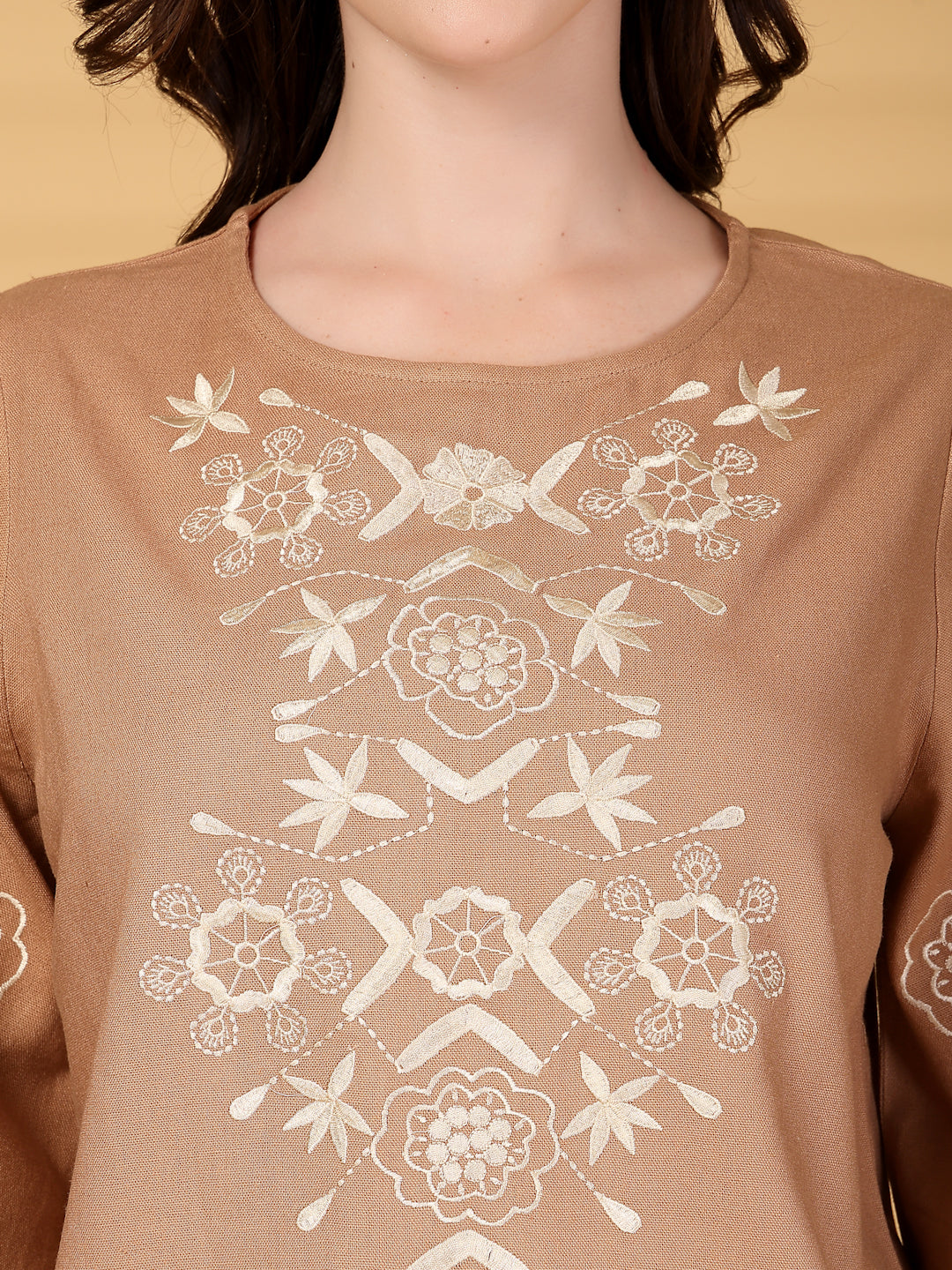 Gipsy Khaki Embroidery Cotton Top With Pant Set
