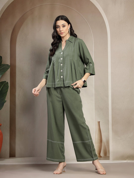 Chiq & Elegant Gipsy olive Linen Embroidery Co-ord Set