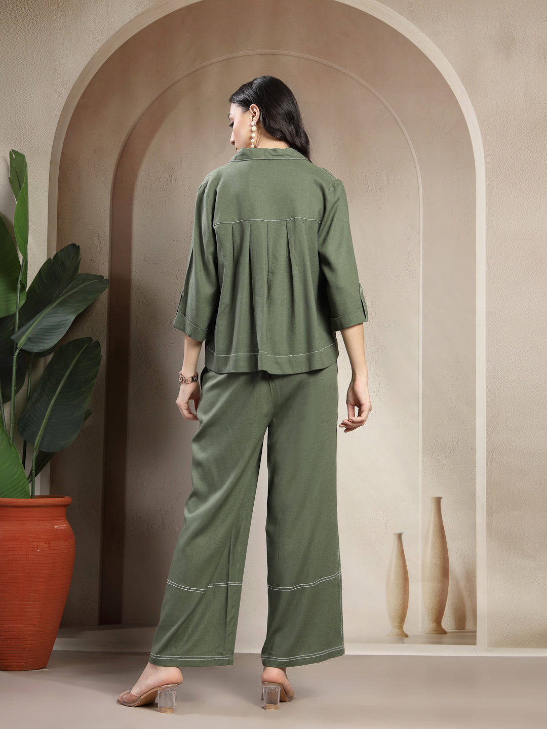 Chiq & Elegant Gipsy olive Linen Embroidery Co-ord Set