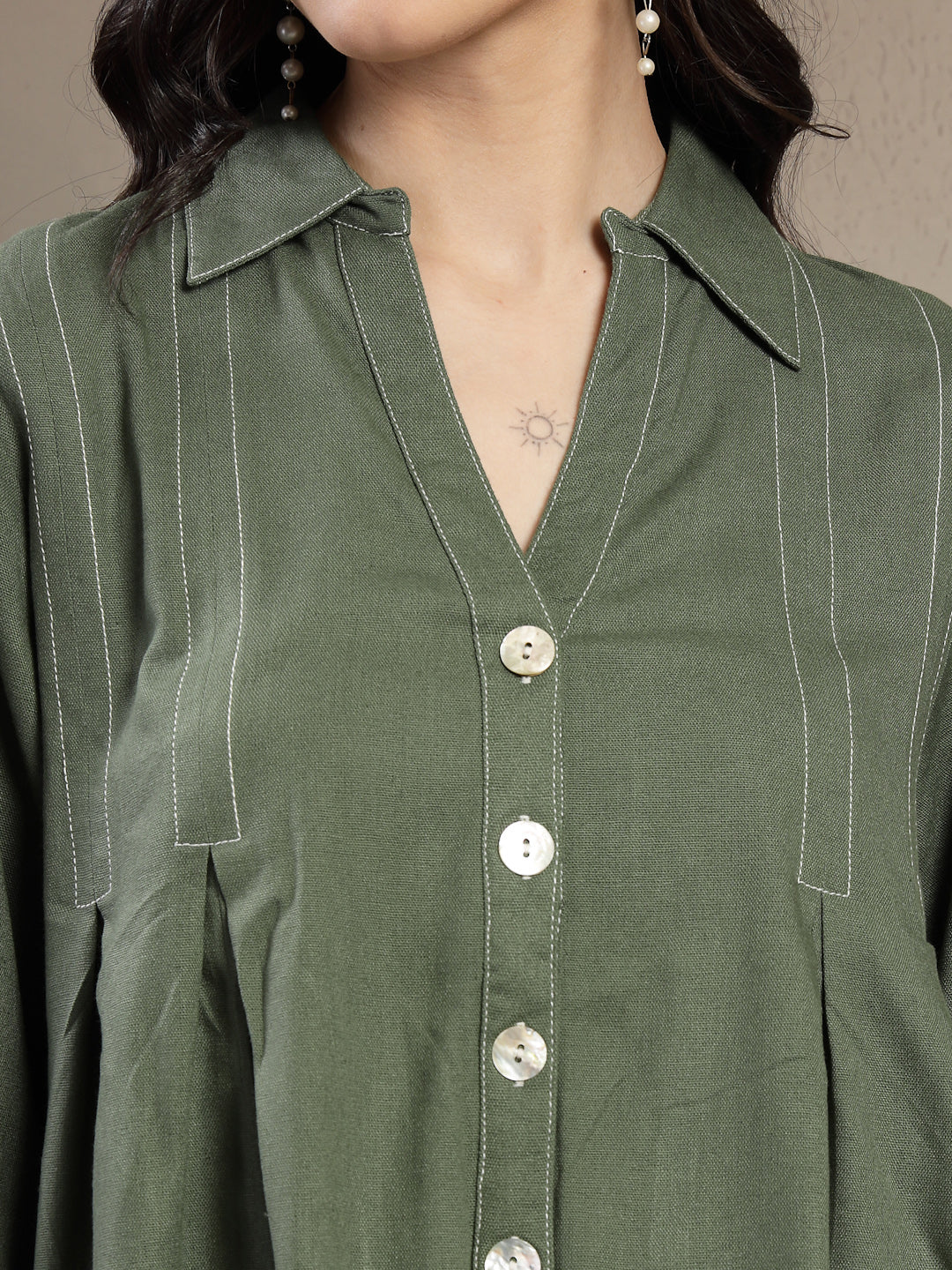 Chiq & Elegant Gipsy olive Linen Embroidery Co-ord Set