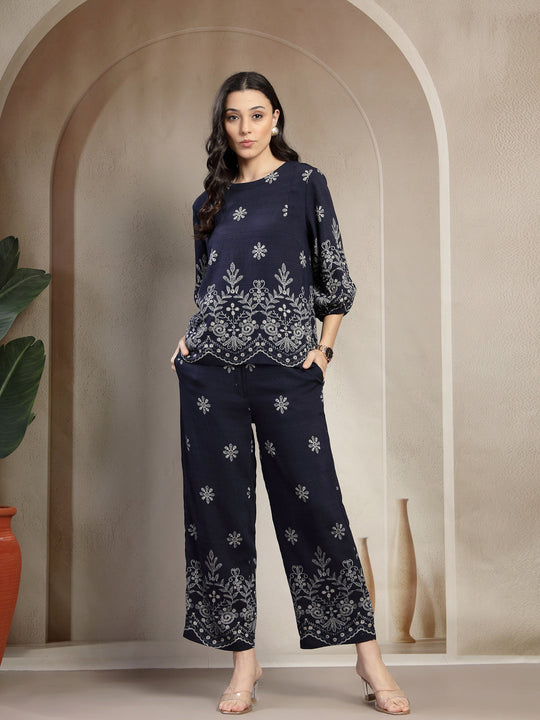Gipsy Navy Lightweight Printed Co ord Set with Jewel Neckline