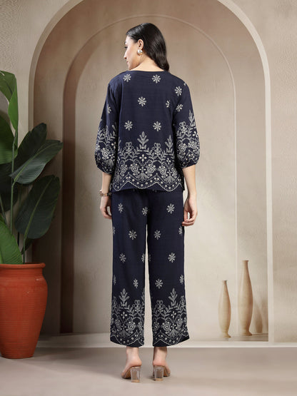 Gipsy Navy Lightweight Printed Co ord Set with Jewel Neckline