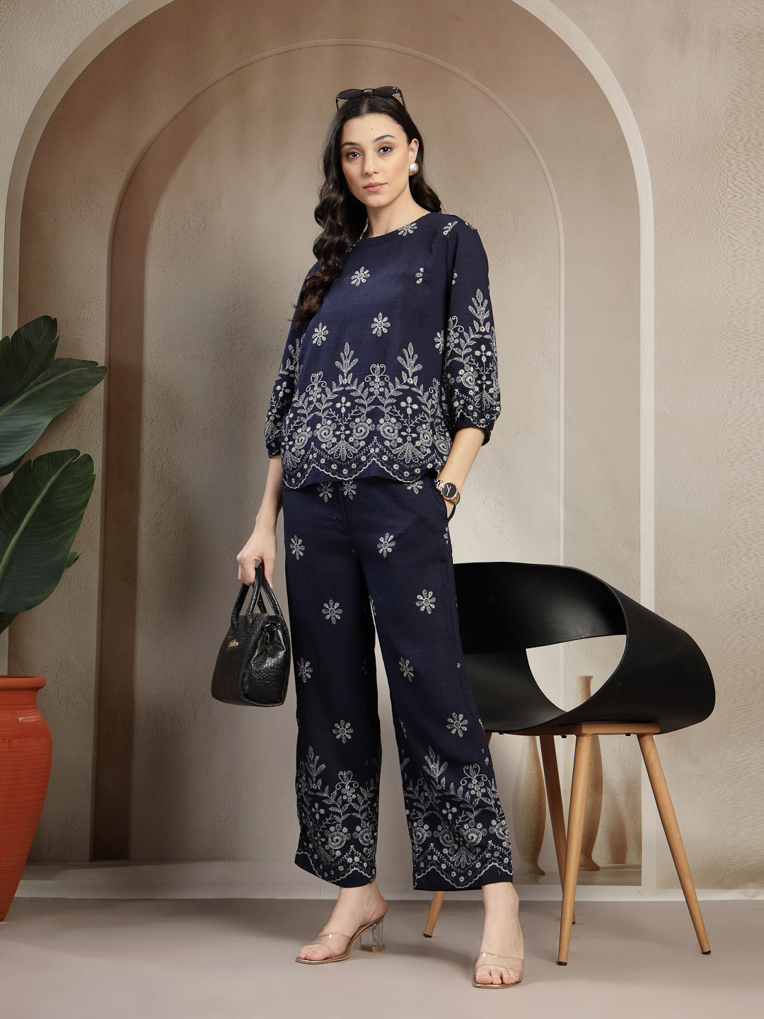 Gipsy Navy Lightweight Printed Co ord Set with Jewel Neckline