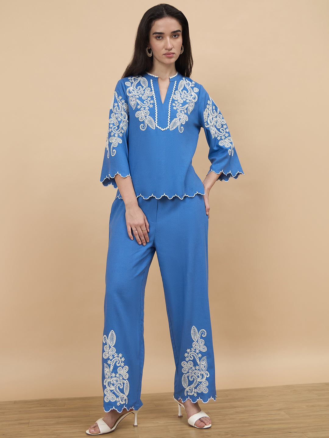 Gipsy Cobalt Blue Embriodery Linen Viscose Co-Ord Set