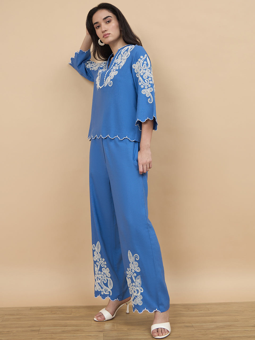 Cobalt Blue Embroidery Linen Viscose Co-Ord Set