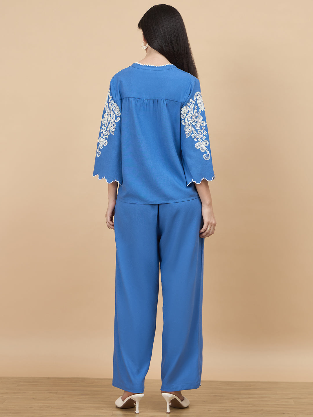 Cobalt Blue Embroidery Linen Viscose Co-Ord Set