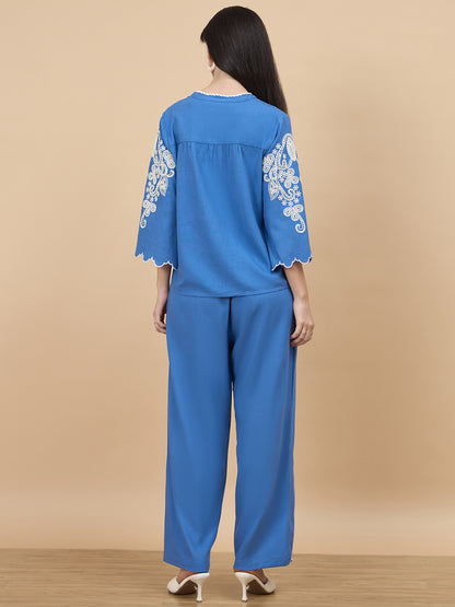 Cobalt Blue Embroidery Linen Viscose Co-Ord Set