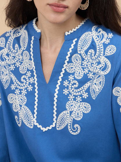 Cobalt Blue Embroidery Linen Viscose Co-Ord Set