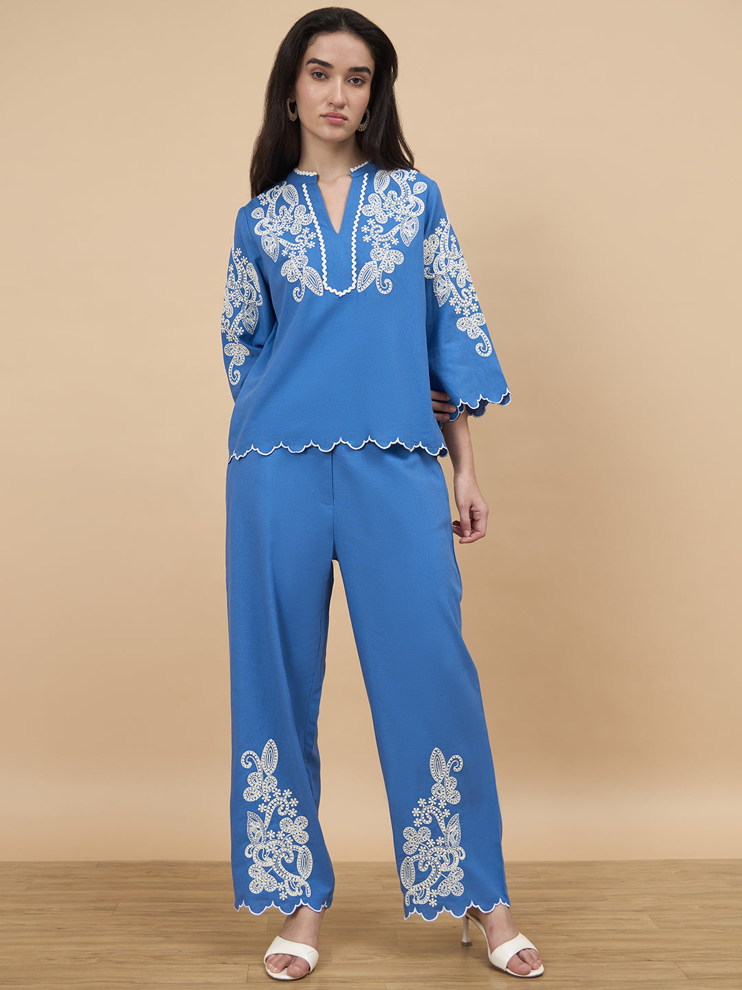 Cobalt Blue Embroidery Linen Viscose Co-Ord Set