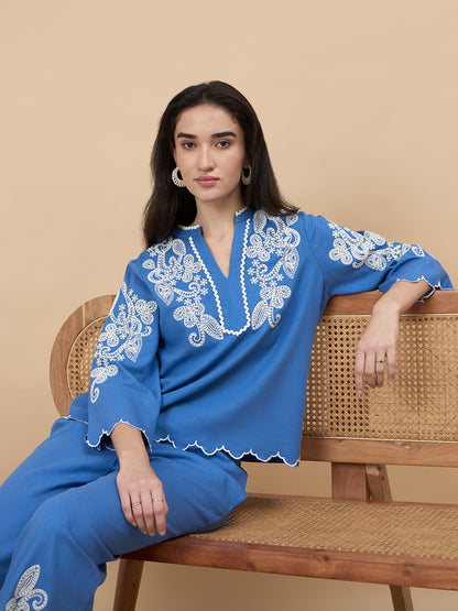 Cobalt Blue Embroidery Linen Viscose Co-Ord Set
