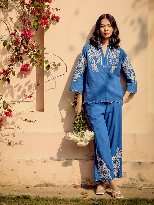 Cobalt Blue Embroidery Linen Viscose Co-Ord Set