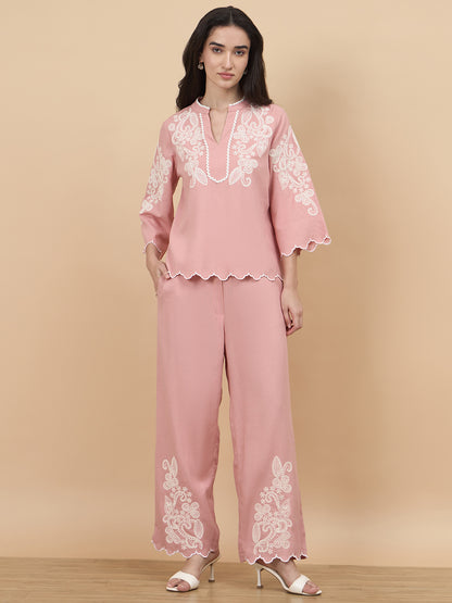 Gipsy Dusky Pink Embriodery Linen Viscose Co-Ord Set