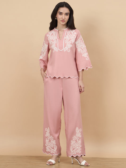 Gipsy Dusky Pink Embriodery Linen Viscose Co-Ord Set