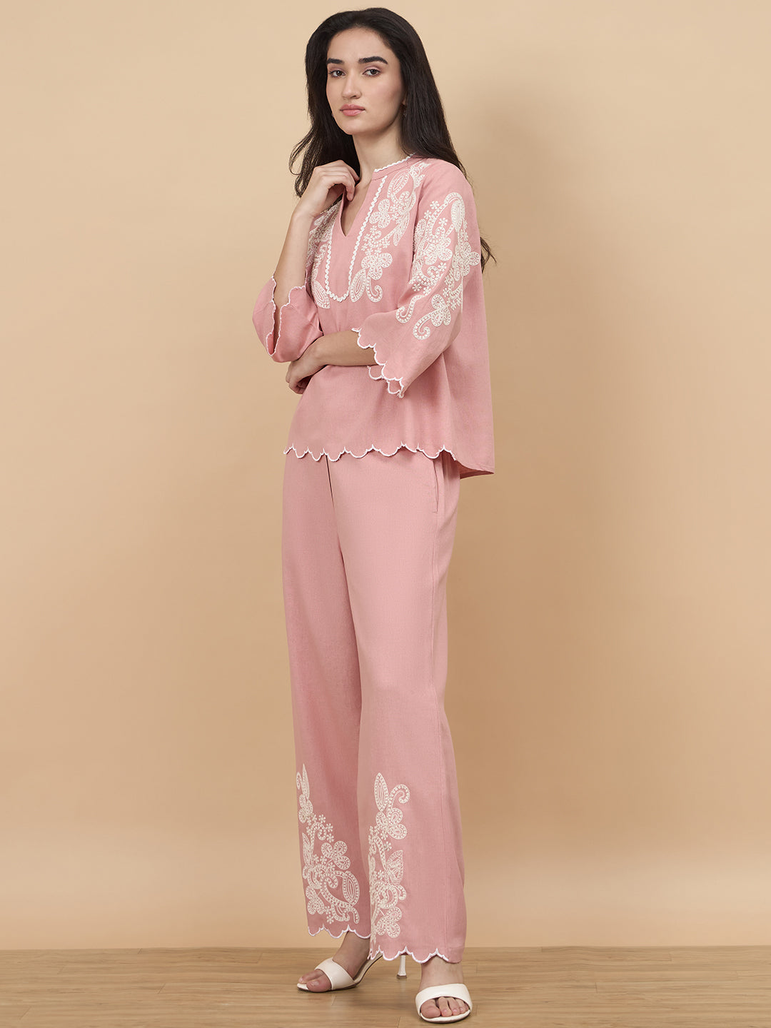 Dusky Pink Embroidery Linen Viscose Co-Ord Set