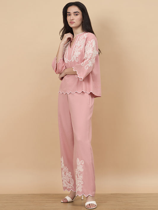 Dusky Pink Embroidery Linen Viscose Co-Ord Set