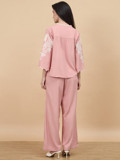 Dusky Pink Embroidery Linen Viscose Co-Ord Set