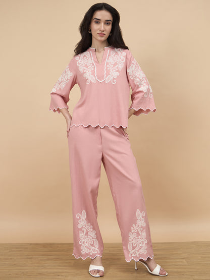Dusky Pink Embroidery Linen Viscose Co-Ord Set