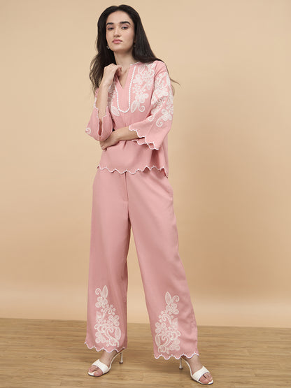 Dusky Pink Embroidery Linen Viscose Co-Ord Set