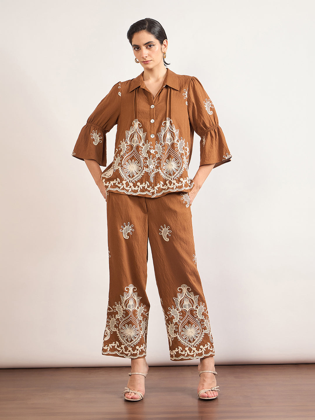 Mocca Linen Viscose Embroidery Co-Ord Set