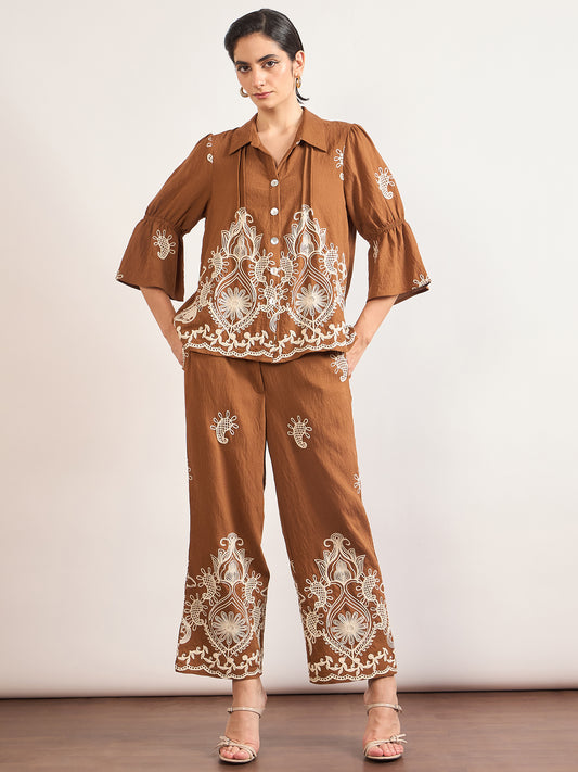 Mocca Linen Viscose Embroidery Co-Ord Set