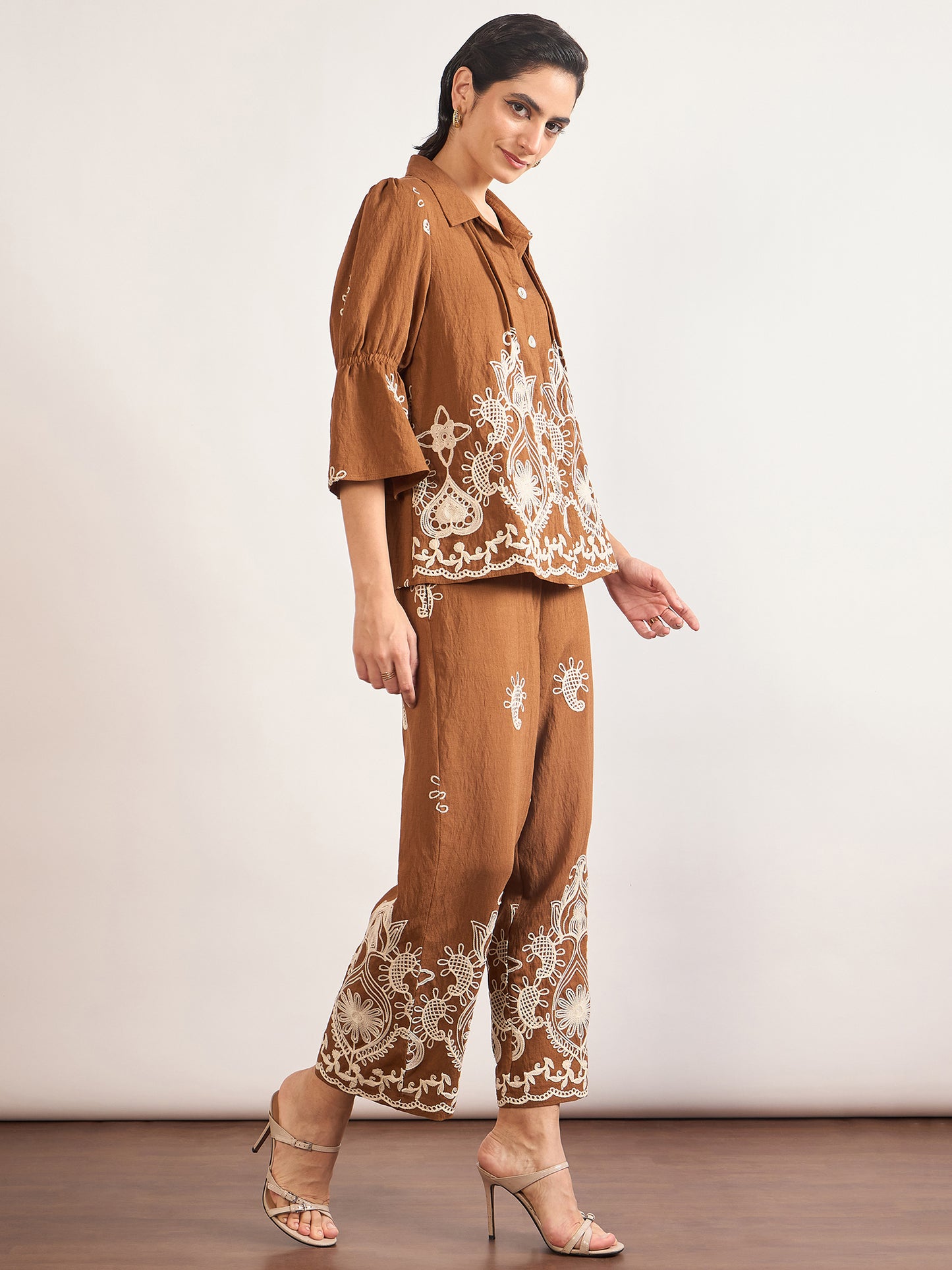 Mocca Linen Viscose Embroidery Co-Ord Set