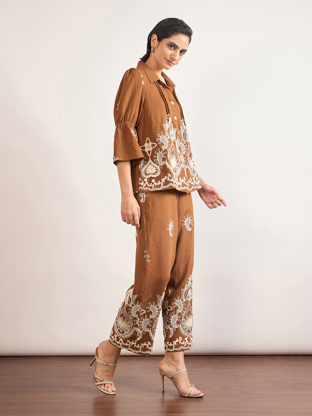 Mocca Linen Viscose Embroidery Co-Ord Set