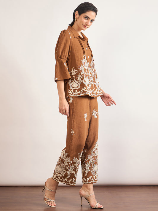 Mocca Linen Viscose Embroidery Co-Ord Set