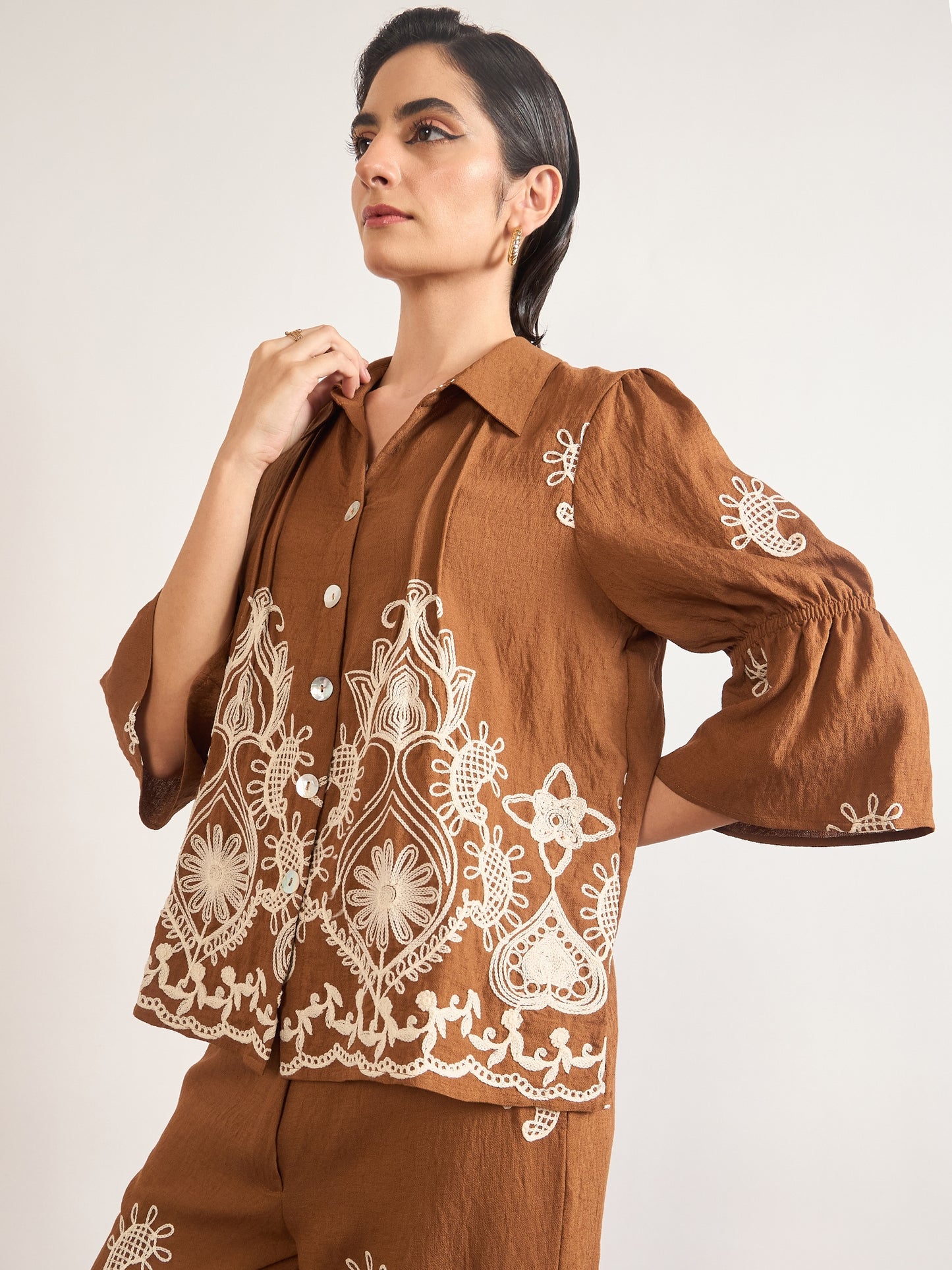 Mocca Linen Viscose Embroidery Co-Ord Set
