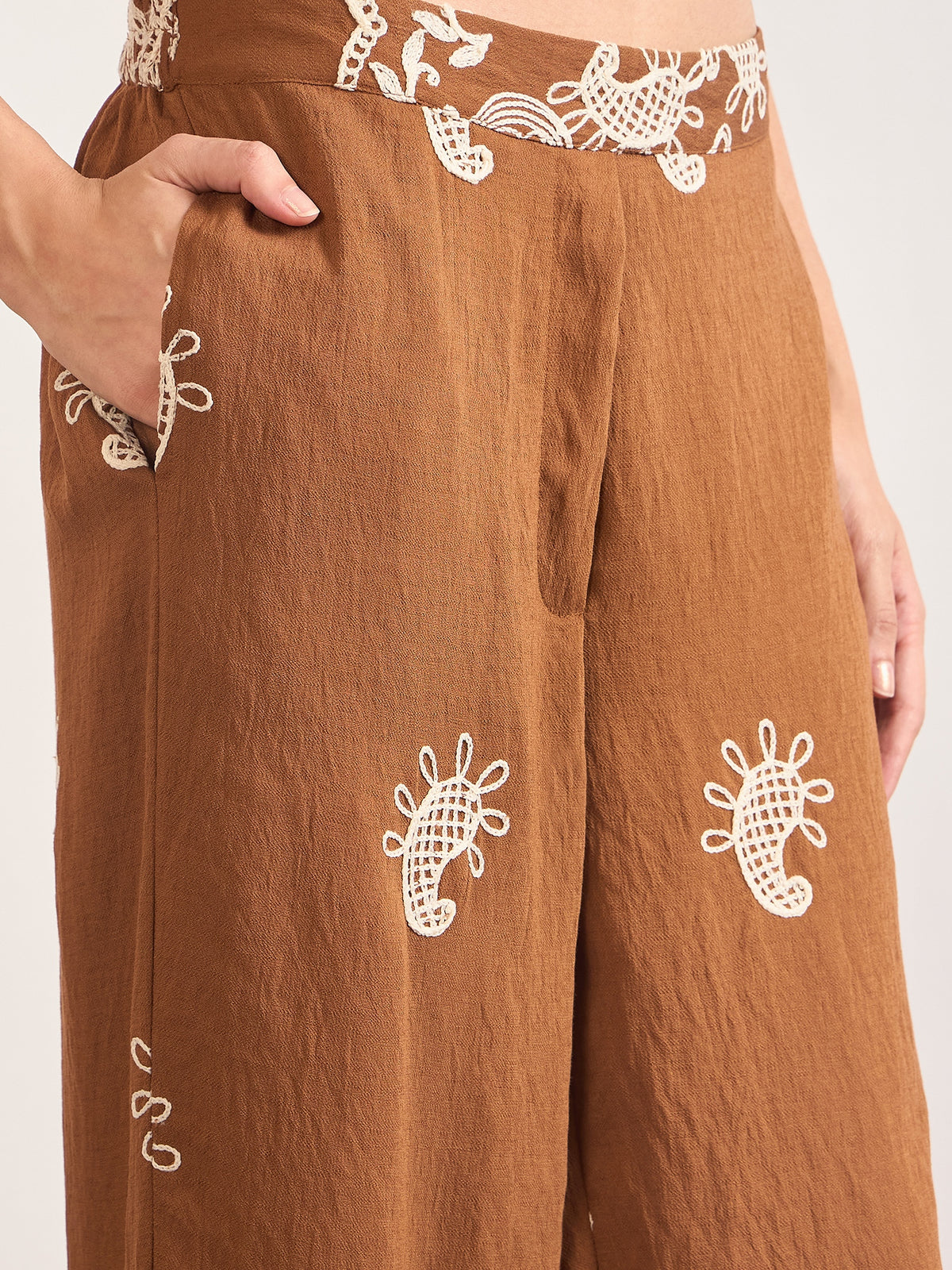 Mocca Linen Viscose Embroidery Co-Ord Set