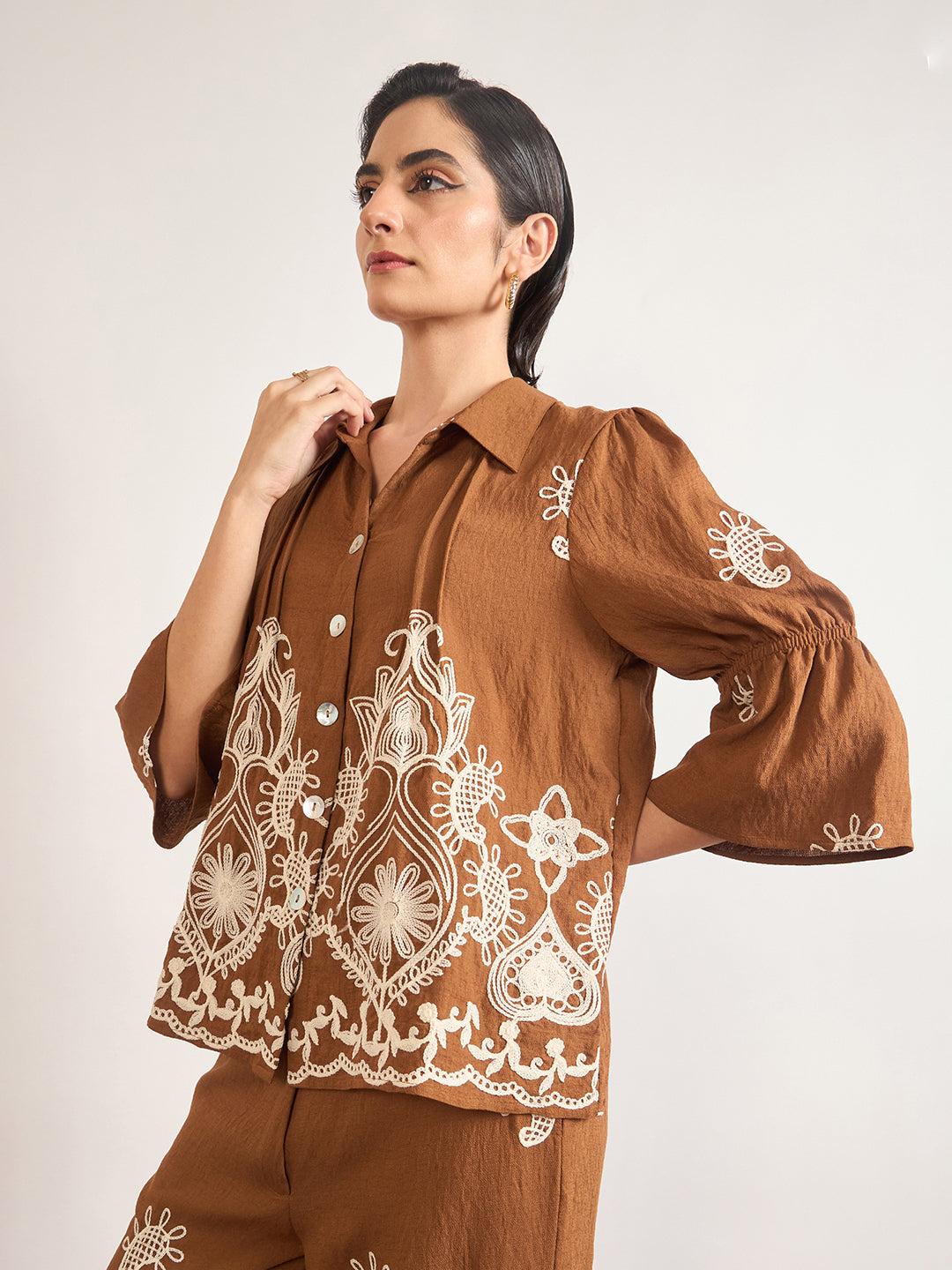 Mocca Linen Viscose Embroidery Co-Ord Set