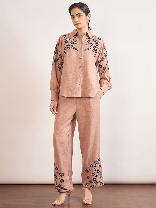 Beige Cotton Embroidery & Cuffed Sleeves Co-Ord Set