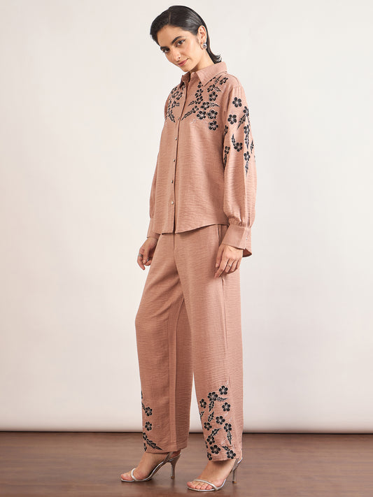 Beige Cotton Embroidery & Cuffed Sleeves Co-Ord Set