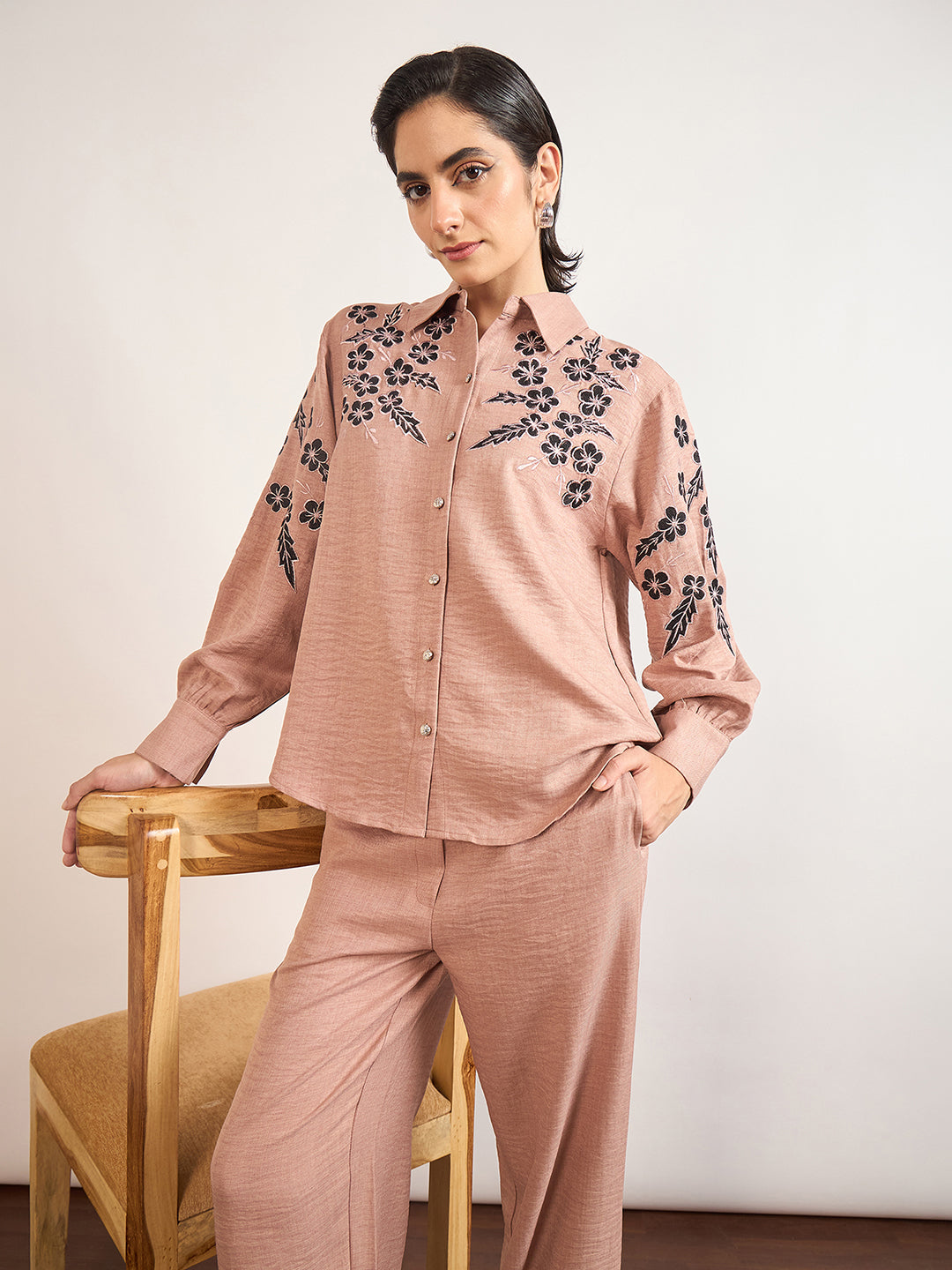 Beige Cotton Embroidery & Cuffed Sleeves Co-Ord Set