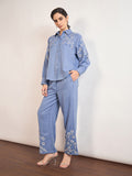 Indigo Cotton Embroidery & Cuffed Sleeves Co-Ord Set